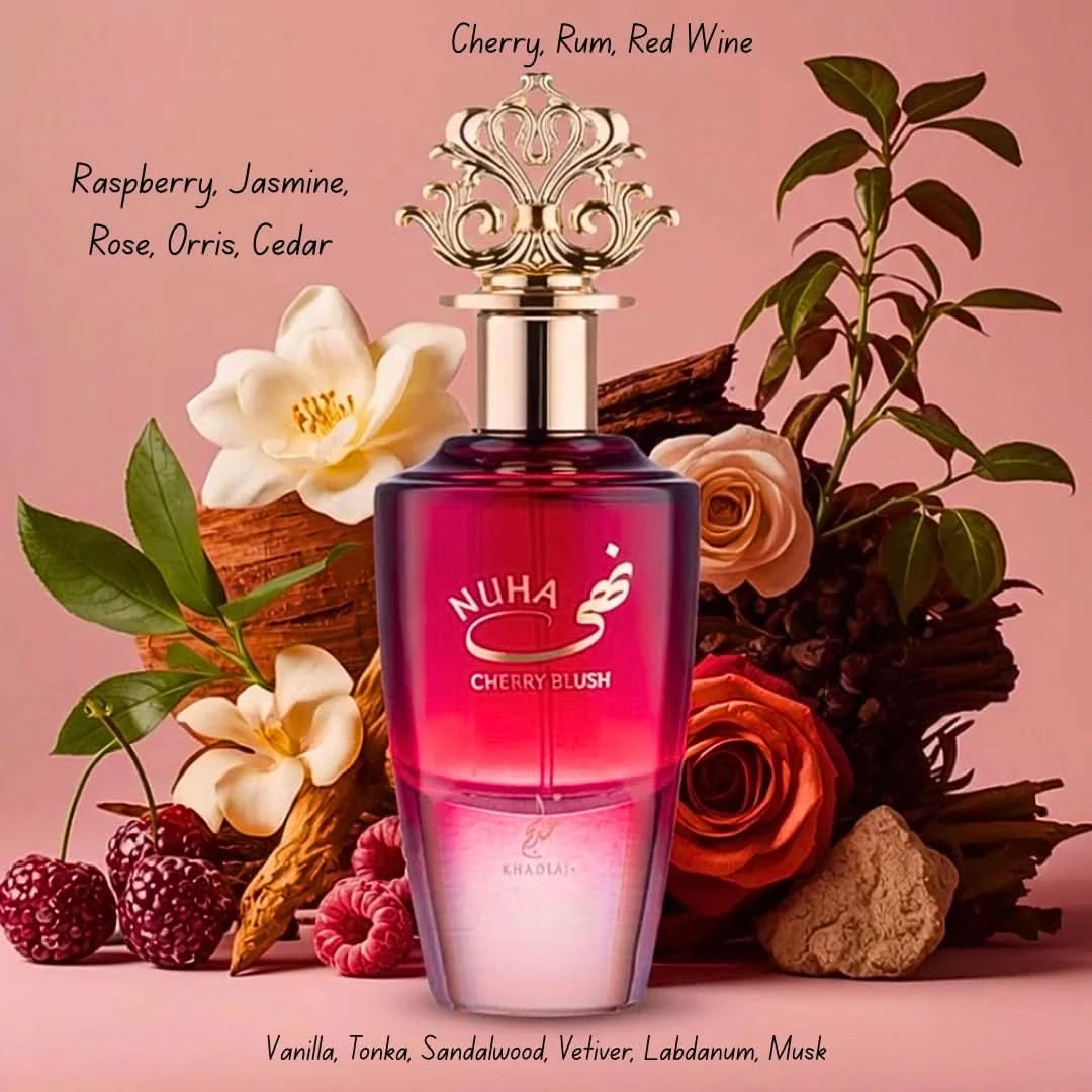 Khadlaj Nuha Cherry Blush and Vanilla Pearl Eau de Parfum Spray bundle, 85ml, featuring elegant glass bottles and floral accents