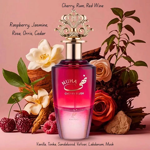 Khadlaj Nuha Cherry Blush and Vanilla Pearl Eau de Parfum Spray bundle, 85ml, featuring elegant glass bottles and floral accents