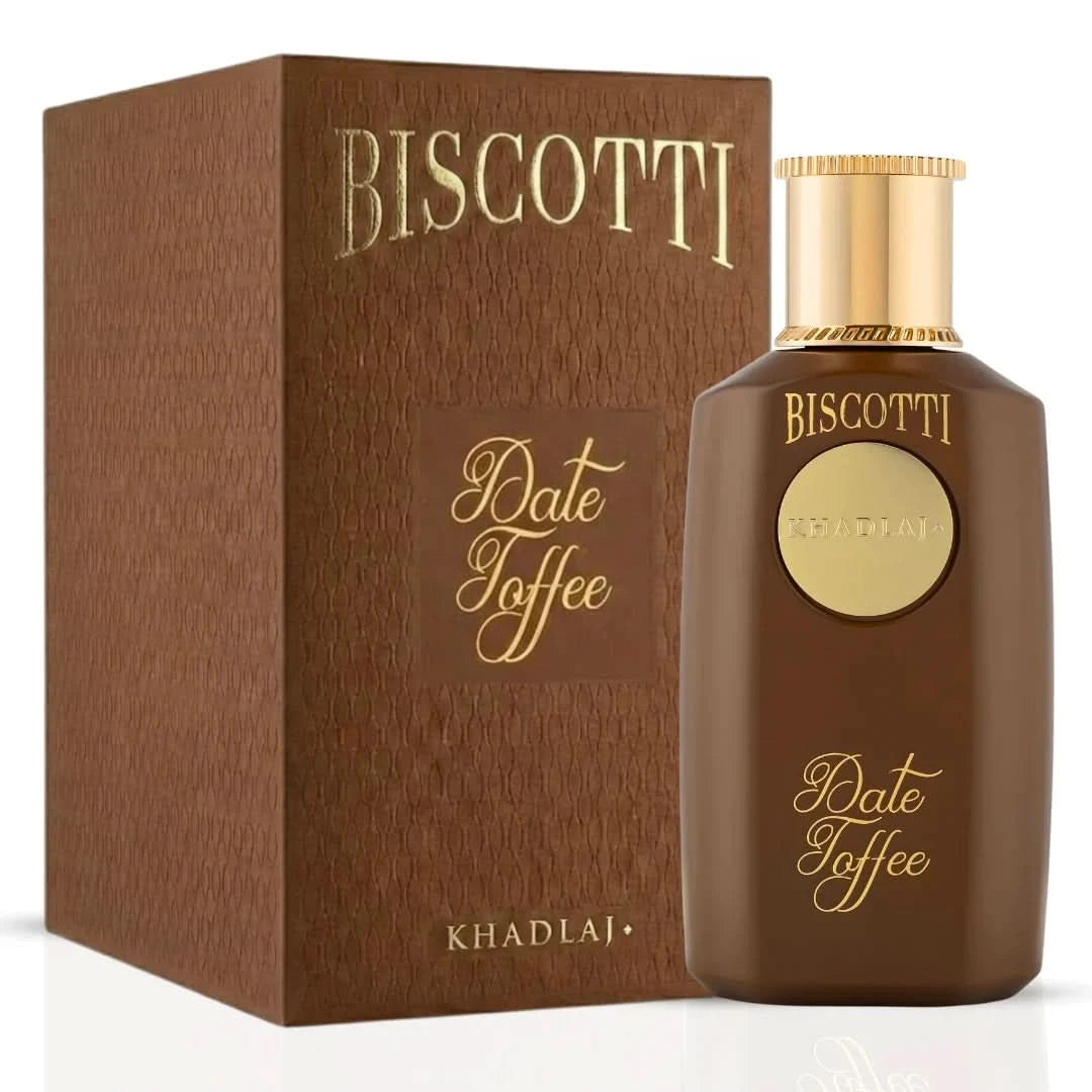 Khadlaj Biscotti Date Toffee & Caramel Pop Eau de Parfum Spray bundle, 100ml, featuring warm, sweet fragrance with biscotti and caramel notes.