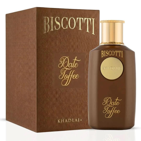 Khadlaj Biscotti Date Toffee & Caramel Pop Eau de Parfum Spray bundle, 100ml, featuring warm, sweet fragrance with biscotti and caramel notes.