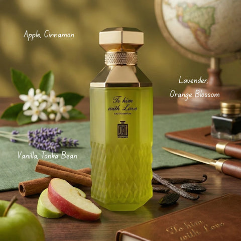 Aura Fragrances To Him, To My Love, and To Her Eau De Parfum Spray bundle, 100ml bottles, featuring elegant glass bottles and spray nozzles.