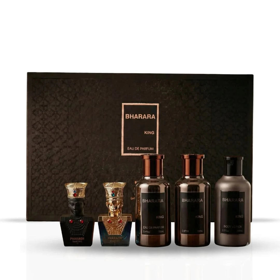 Bharara King 5-piece fragrance gift set with perfume bottles and elegant packaging by Bharara