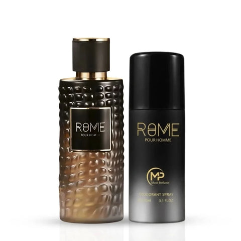 Rome Pour Homme Mast Perfume 2-piece gift set featuring bottles of men's fragrance with elegant packaging and branding.