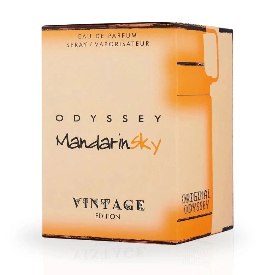 Odyssey Mandarin Sky Vintage Edition Eau de Parfum spray by Armaf, 100ml, featuring a sleek bottle with vibrant orange and blue design.
