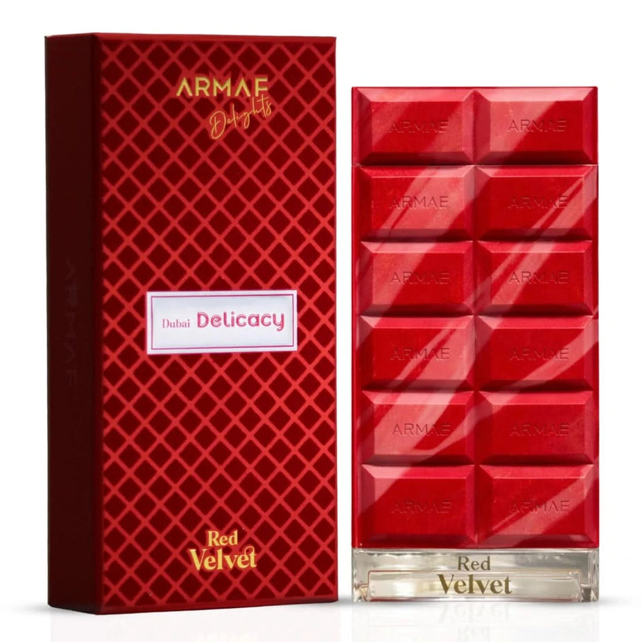 Armaf Dubai Delicacy Red Velvet and Cotton Candy Eau de Parfum spray, 70ml, featuring elegant red and pink packaging with floral accents.