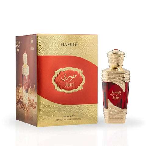 Hamidi Jouri Perfume Oil, 20ml concentrated perfume oil in a glass bottle with a metal cap, elegant and luxurious fragrance.