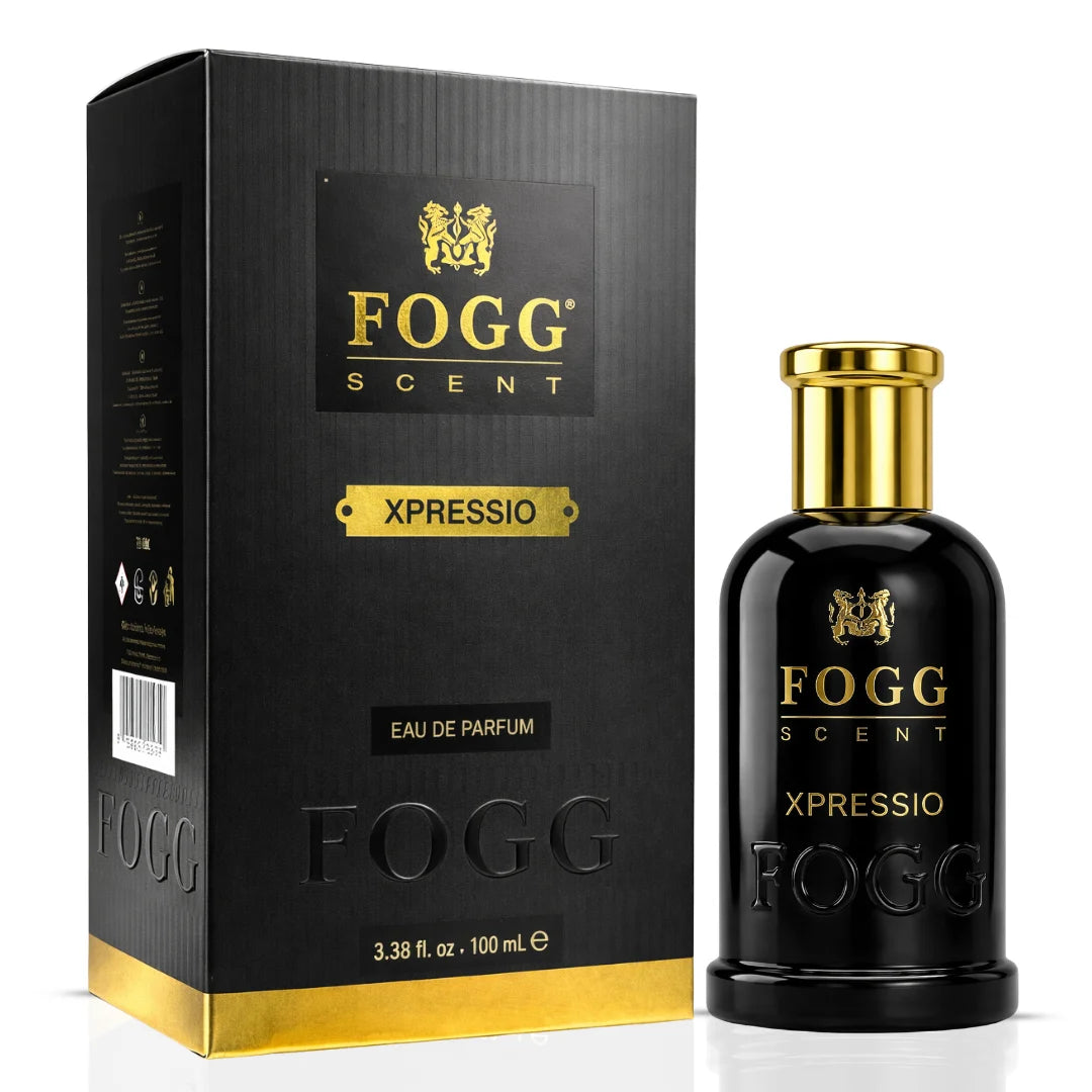Fogg Xpressio for Men Eau de Parfum spray 100ml bottle, sleek design, showcasing the Fogg brand and modern fragrance packaging.