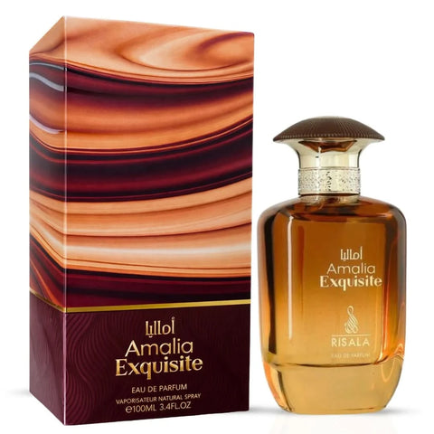 Elite Risala Amalia Exquisite Eau De Parfum spray bottle, 100ml, with elegant packaging and floral scent notes.