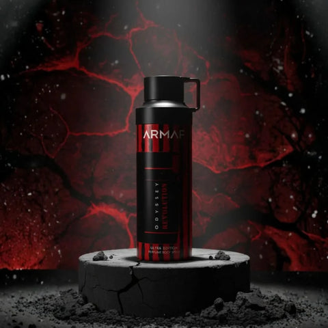 Odyssey Revolution Ultra perfumed body spray by Armaf, 200ml deodorant bottle with sleek packaging and spray nozzle.