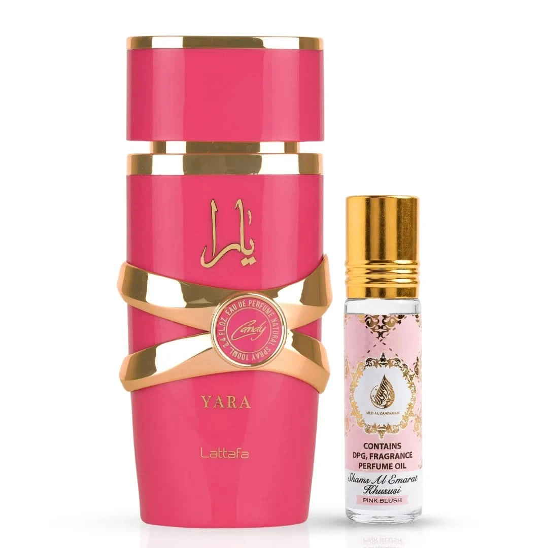 Lattafa Yara Candy Eau de Parfum 100ml and Ard Al Zaafaran Pink Blush Khususi Roll-On Perfume Oil 10ml bundle.