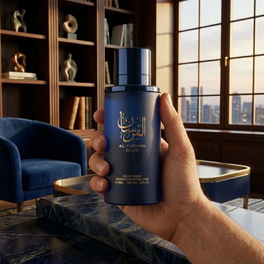 Aura Fragrances Al Fursan Blue Eau De Parfum spray bottle, 100ml, featuring a sleek blue design and elegant packaging.
