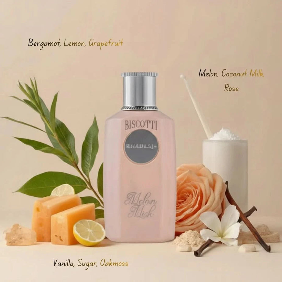 Khadlaj Biscotti Caramel & Biscotti Melon Misk Eau de Parfum bundle, 100ml bottles, featuring elegant perfume bottles with caramel and melon scents.