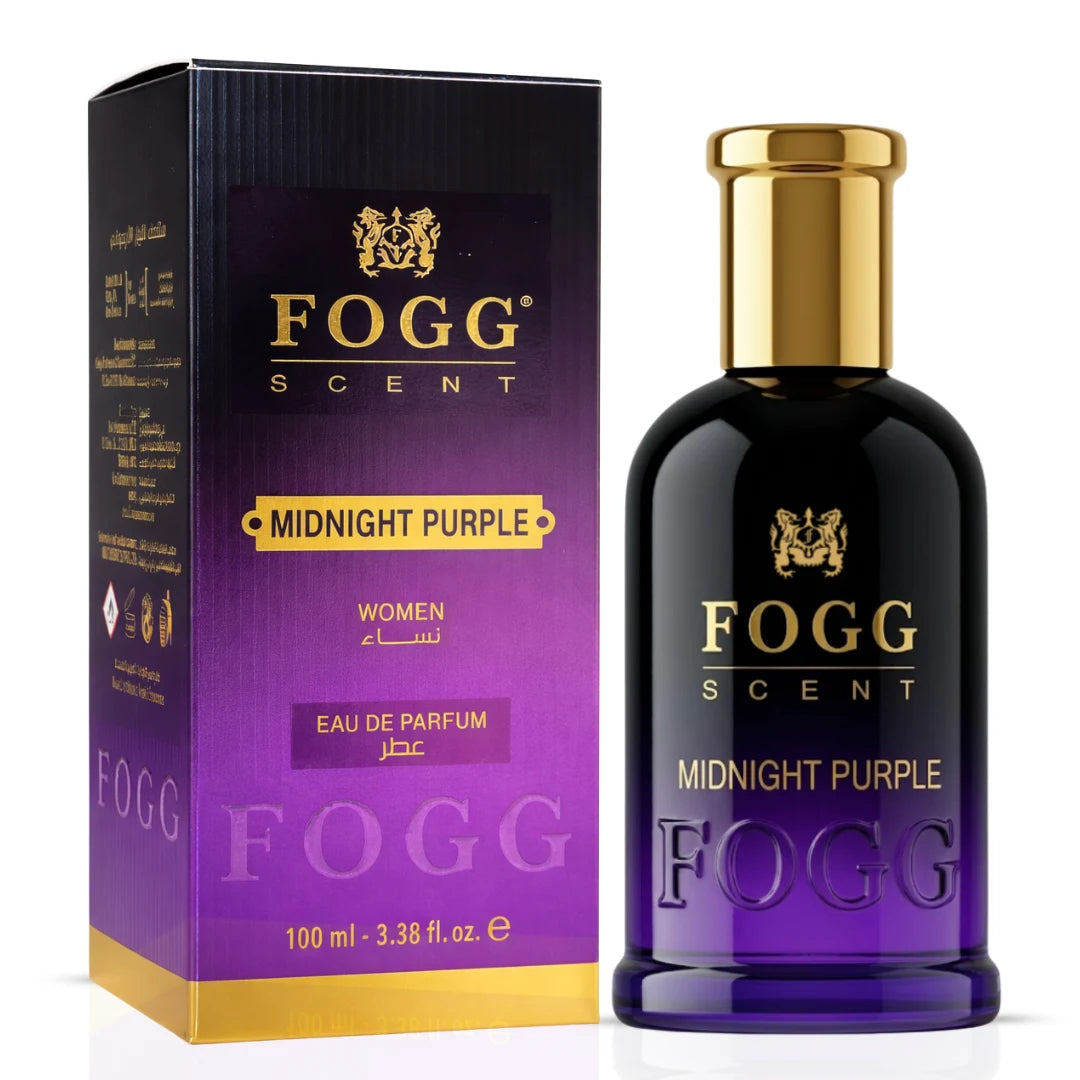 Midnight Purple for Women Eau de Parfum spray by Fogg, 100ml bottle, elegant purple packaging with floral accents.