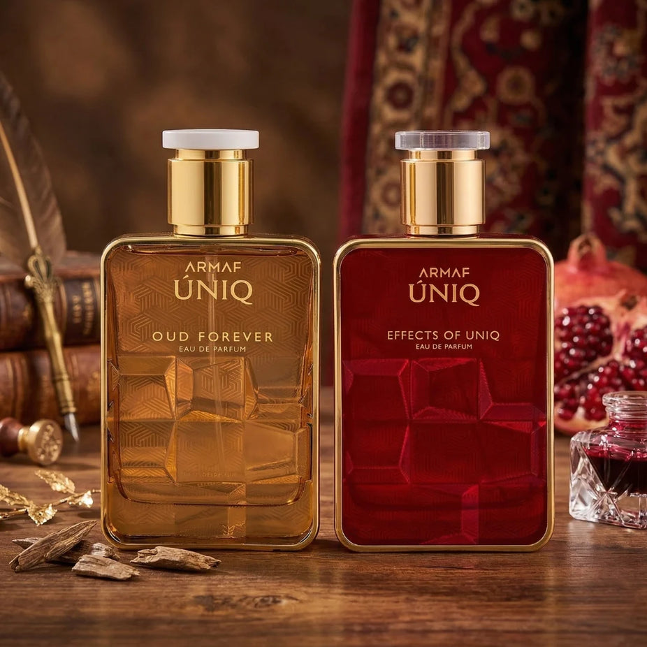 Bundle of Armaf Uniq & Uniq Oud Forever Eau De Parfum Spray 100ml bottles, featuring elegant fragrance packaging and design.