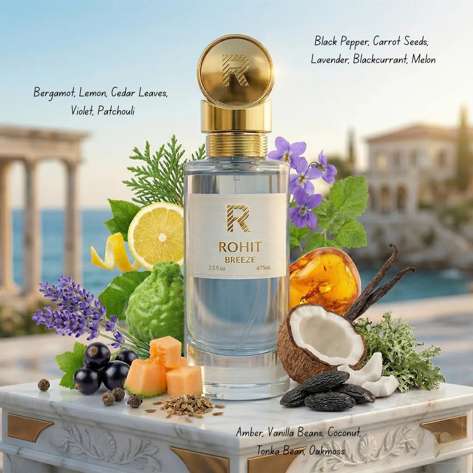 Rohit Breeze Eau de Parfum Spray by Bharara, 75ml bottle, showcasing the elegant perfume bottle design.