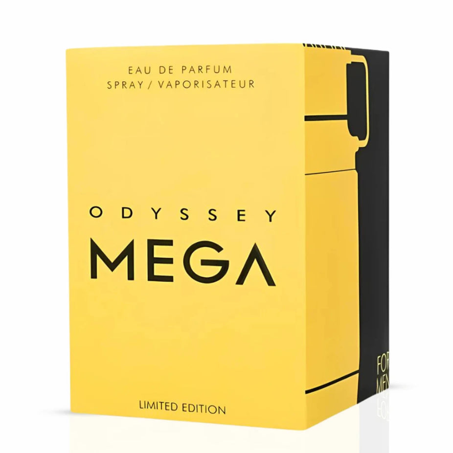 Odyssey Mega Man Limited Edition Eau de Parfum spray by Armaf, 200ml bottle, with sleek design and silver accents.