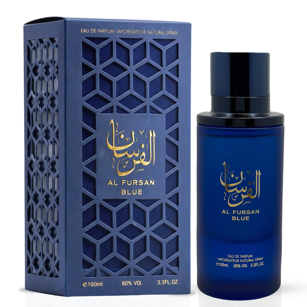 Aura Fragrances Al Fursan Black and Blue Eau De Parfum Spray bundle, 100ml bottles, featuring luxurious fragrance designs.