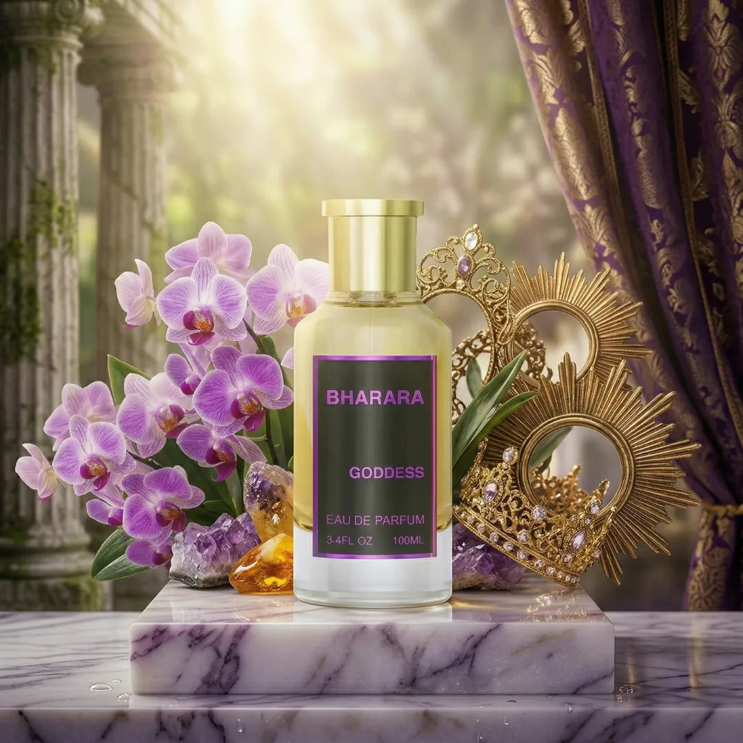 Bharara Goddess Eau de Parfum spray 100ml bottle, elegant design, showcasing floral and oriental fragrance notes.