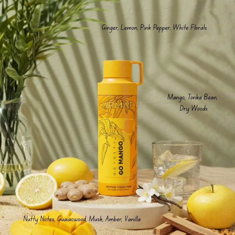 Odyssey Go Mango deodorant spray by Armaf, 200ml bottle with a vibrant label, showcasing fresh mango scent and modern design.