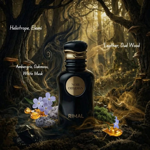 Noir Obsidian Eau de Parfum Spray by Rimal Collection, 100ml, featuring dark glass bottle with elegant black and silver design