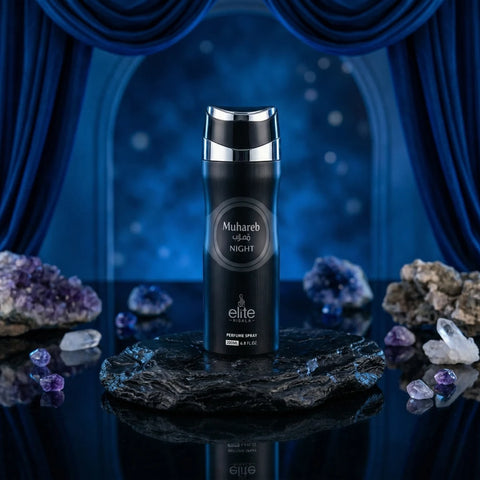 Muhareb Night Body Spray by Elite Risala, 200ml deodorant bottle with dark packaging and spray nozzle.