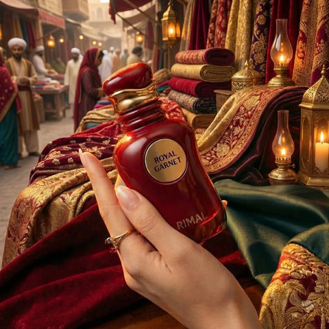 Royal Garnet Eau de Parfum spray by Rimal Collection, 100ml bottle with elegant design and a deep garnet-colored fragrance.