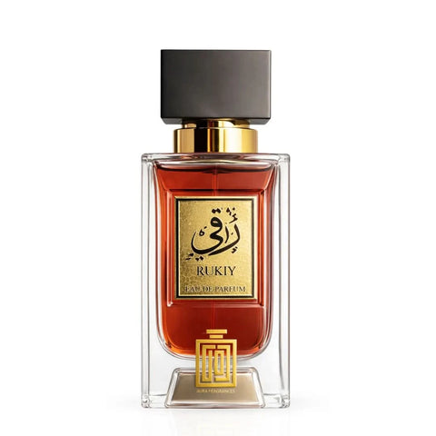 Aura Fragrances Rukiy Eau De Parfum Spray 100ml, elegant perfume bottle with a sleek design and floral accents.
