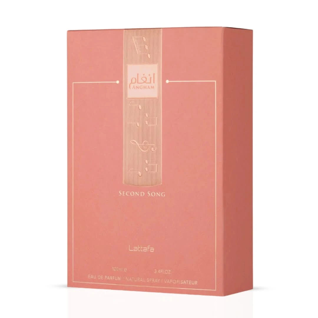 Lattafa Angham Second Song Eau De Parfum spray bottle, 100ml, with elegant packaging and floral fragrance design.