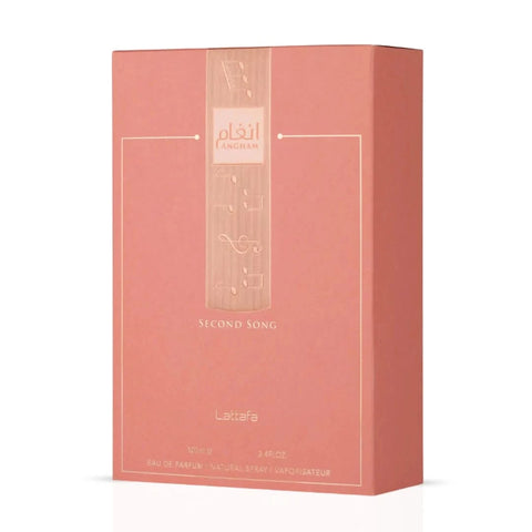 Lattafa Angham Second Song Eau De Parfum spray bottle, 100ml, with elegant packaging and floral fragrance design.