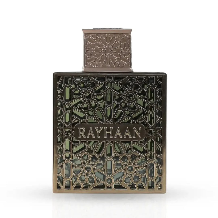 Rayhaan Terra Eau de Parfum spray 100ml bottle with sleek packaging and silver accents, displayed on a neutral background.