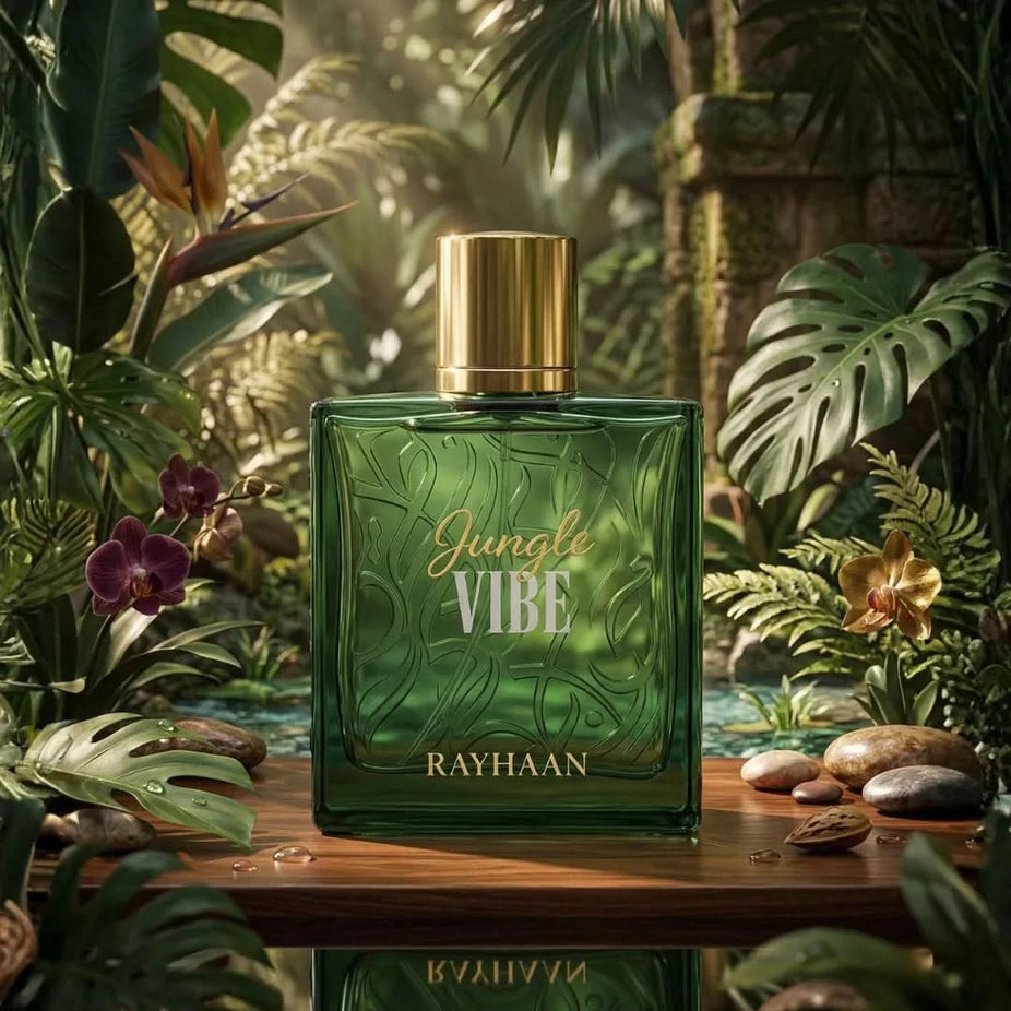 Rayhaan Jungle Vibe Eau de Parfum spray bottle, 100ml, with vibrant jungle-inspired label and sleek design.