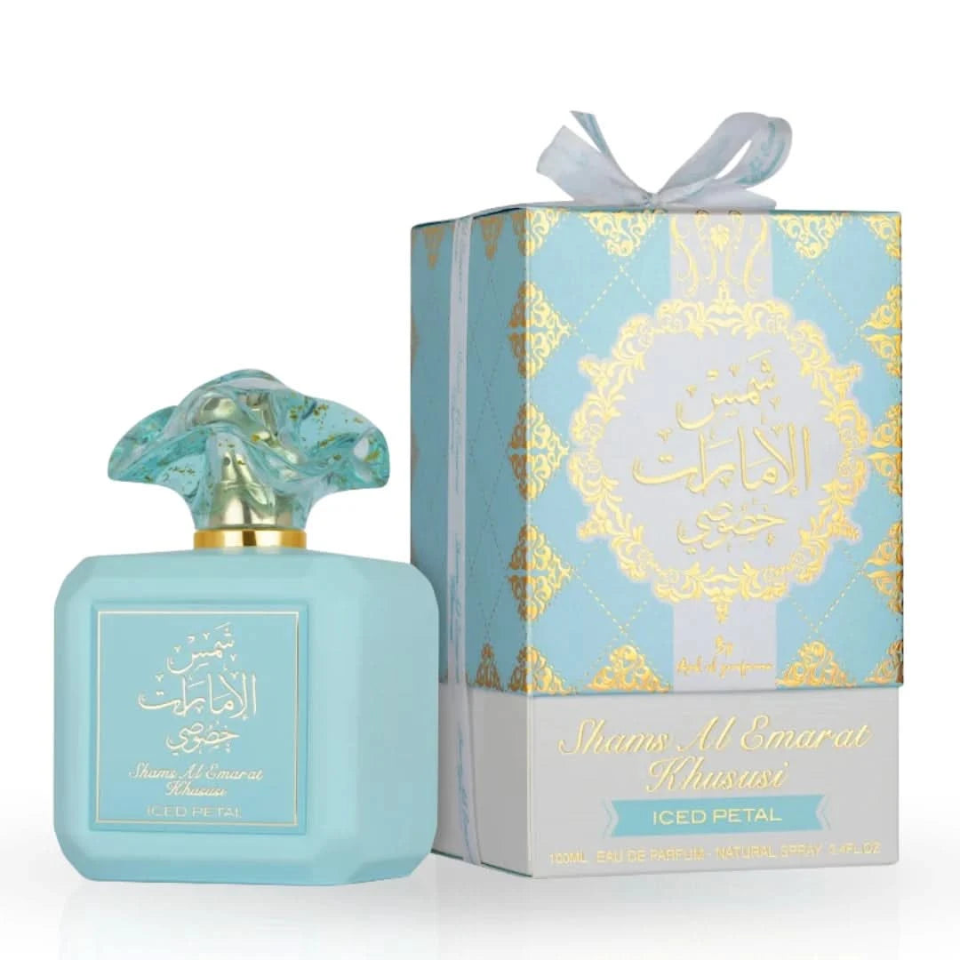 Bundle of Ard Al Zaafaran Shams Al Emarat Khususi Pink Blush and Iced Petal Eau de Parfum sprays in 100ml bottles.