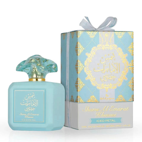 Bundle of Ard Al Zaafaran Shams Al Emarat Khususi Pink Blush and Iced Petal Eau de Parfum sprays in 100ml bottles.