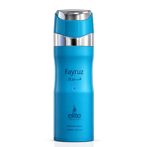 Elite Risala Fayruz Body Spray 200ml deodorant bottle with floral and citrus scent, sleek design and spray nozzle.