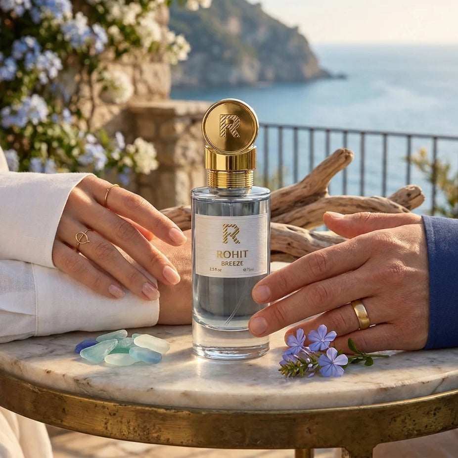 Rohit Breeze Eau de Parfum spray by Bharara, 75ml bottle, sleek design with floral and citrus fragrance accents.