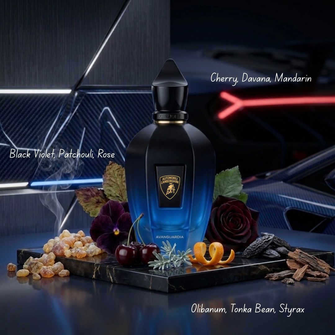 Xerjoff Lamborghini Avanguardia Eau de Parfum spray bottle with logo detail, 100ml, showcasing the luxury fragrance design.