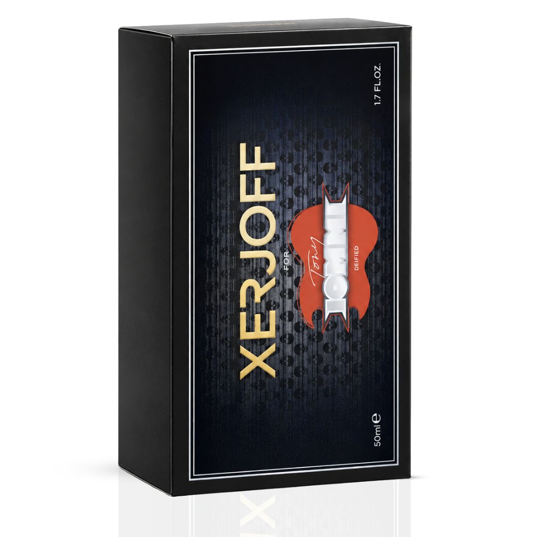 Xerjoff Tony Iommi Deified Eau de Parfum spray bottle, 50ml, featuring elegant packaging and scent details.