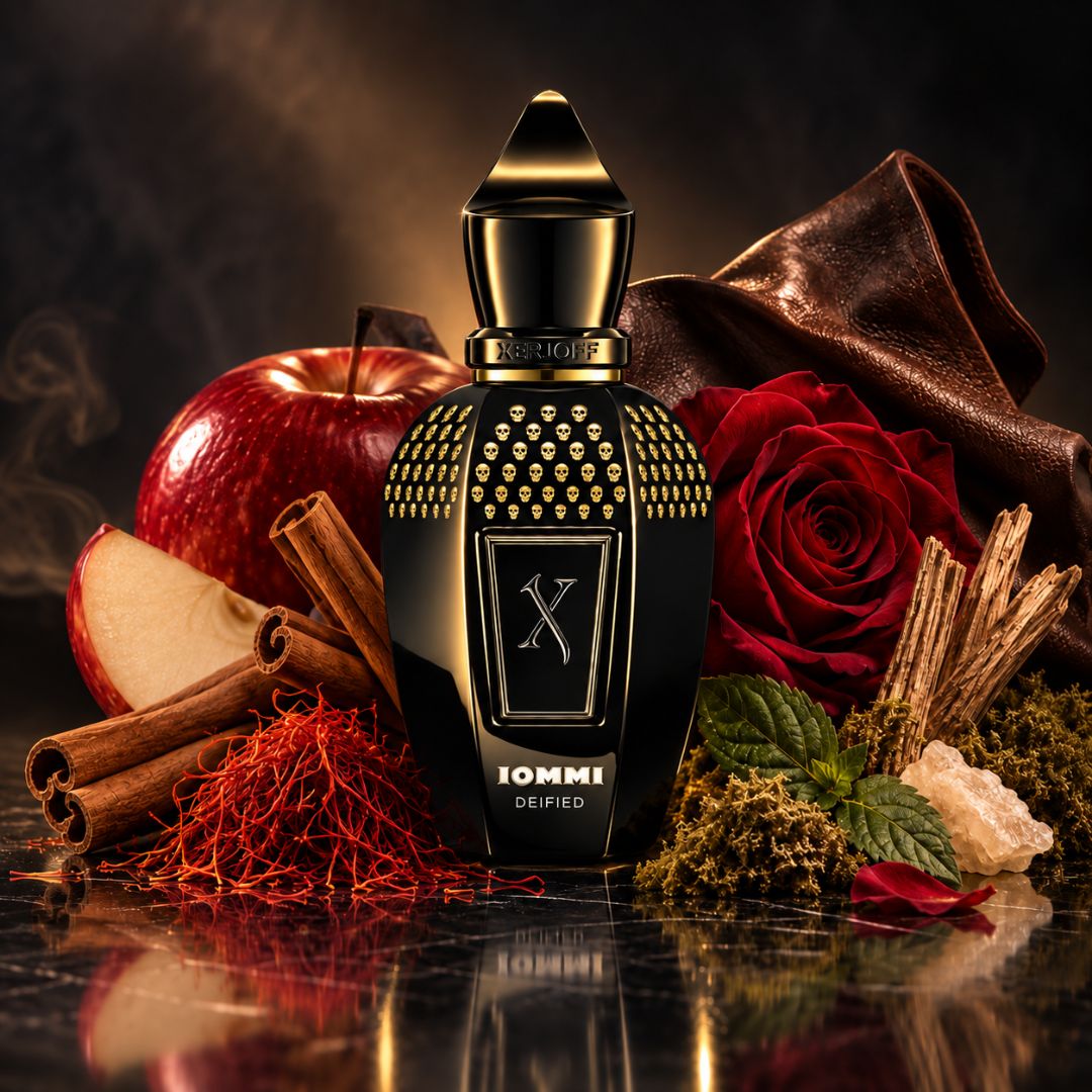 Xerjoff Tony Iommi Deified Eau de Parfum spray bottle, 50ml, sleek design with black and gold accents, front view.