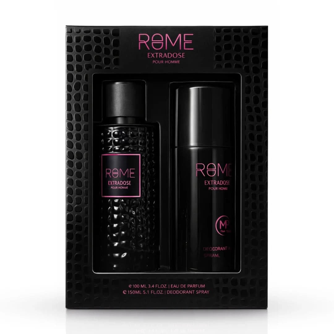 Rome Extradose Pour Homme Mast Perfume gift set featuring two fragrance bottles in elegant packaging.