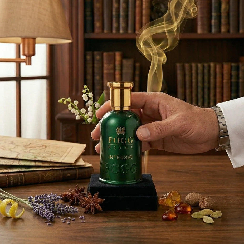 Fogg Intensio for Men Eau de Parfum spray 100ml, featuring a sleek bottle design and dark-colored fragrance liquid.