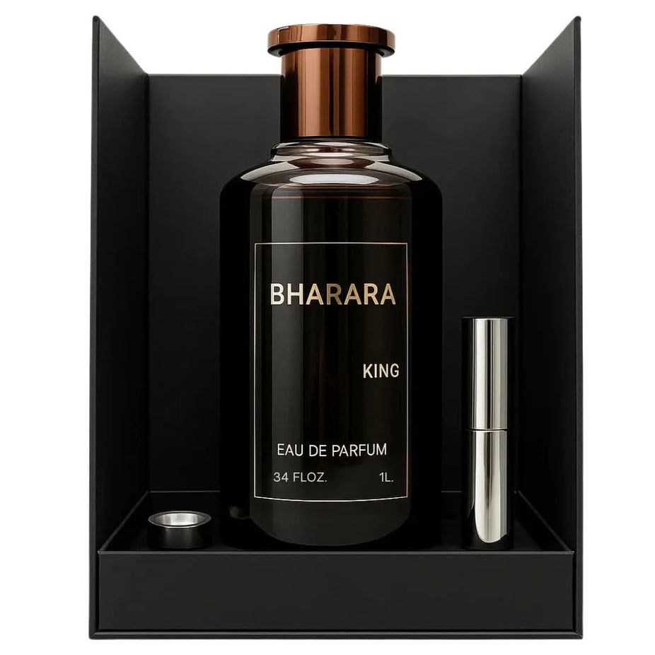 Bharara King Eau de Parfum spray 1000ml bottle with elegant packaging and black cap, featuring the Bharara brand logo.