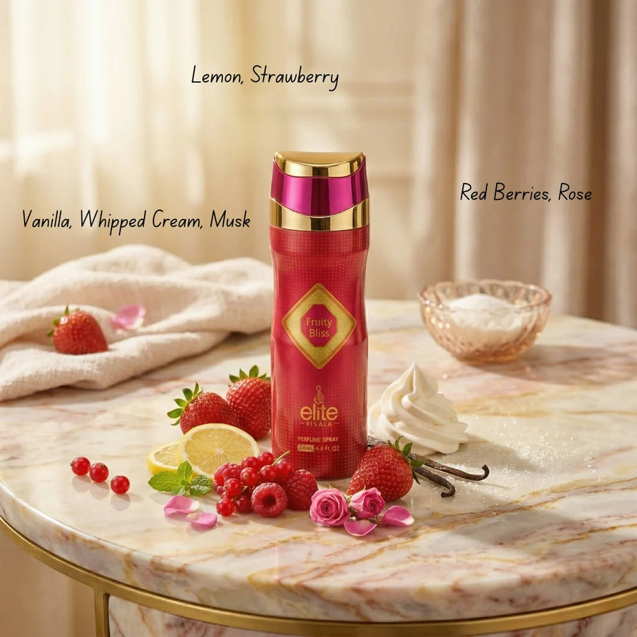 Elite Risala Fruity Bliss perfumed body spray 200ml deodorant with colorful fruit design on the bottle.