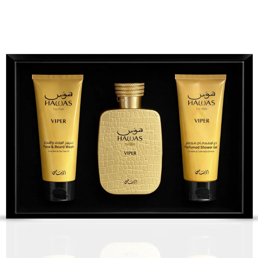 Rasasii Hawas Viper 3-piece perfume gift set with bottles of scented fragrances for men, displayed with packaging and accessories.