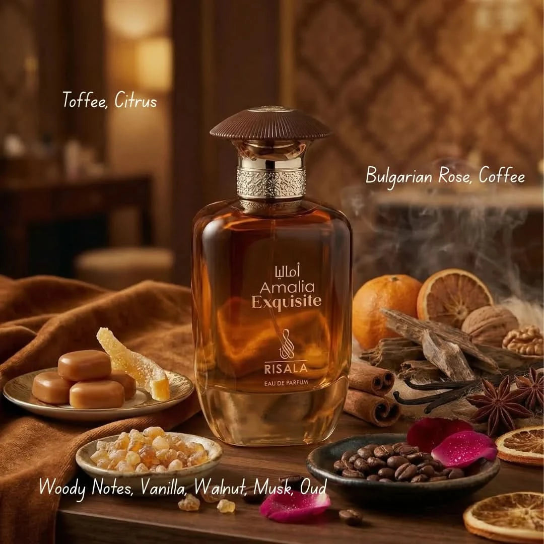 Elite Risala Amalia Eau De Parfum spray in 100ml bottle, elegant floral fragrance with a sleek design and sophisticated packaging.