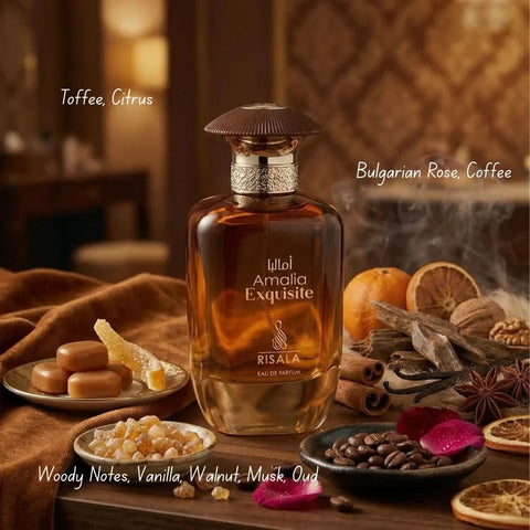 Elite Risala Amalia Eau De Parfum spray in 100ml bottle, elegant floral fragrance with a sleek design and sophisticated packaging.