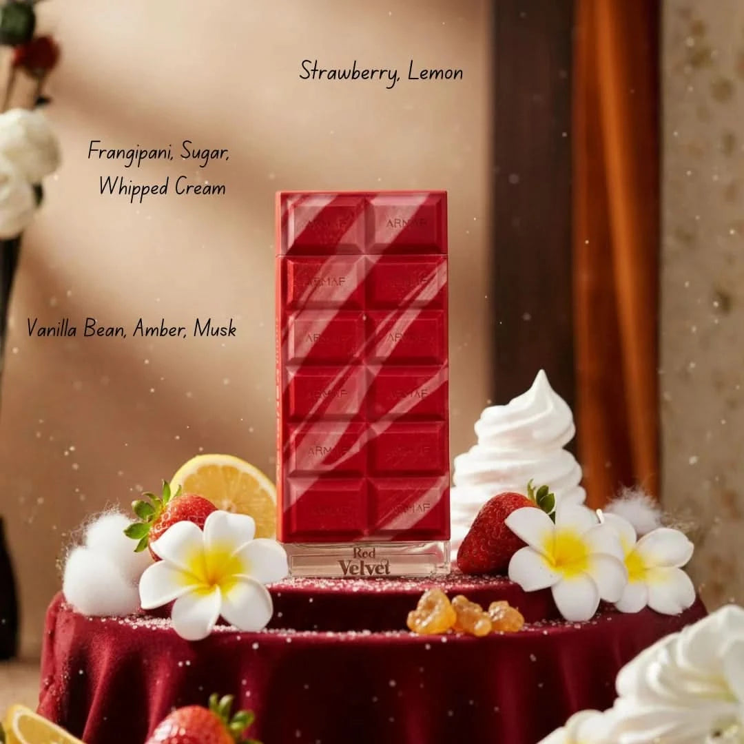 Dubai Delicacy Red Velvet Eau de Parfum spray by Armaf, featuring a 70ml bottle with elegant red and gold packaging.
