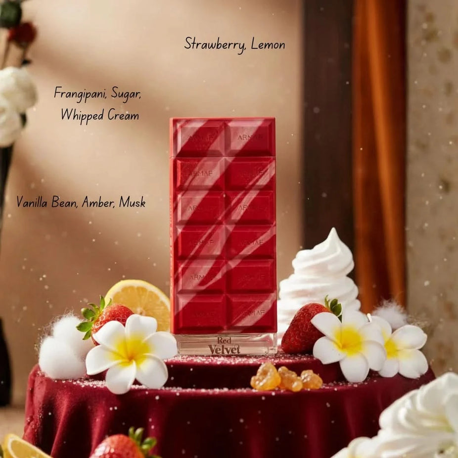Dubai Delicacy Red Velvet Eau de Parfum Spray by Armaf, 70ml, featuring elegant red velvet bottle and luxurious fragrance details.