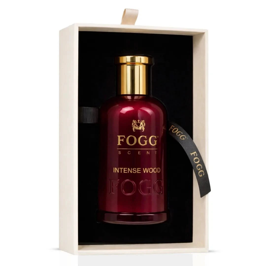 Fogg Intense Wood for Men Eau de Parfum spray 100ml, featuring a sleek bottle with a dark wood-inspired design.