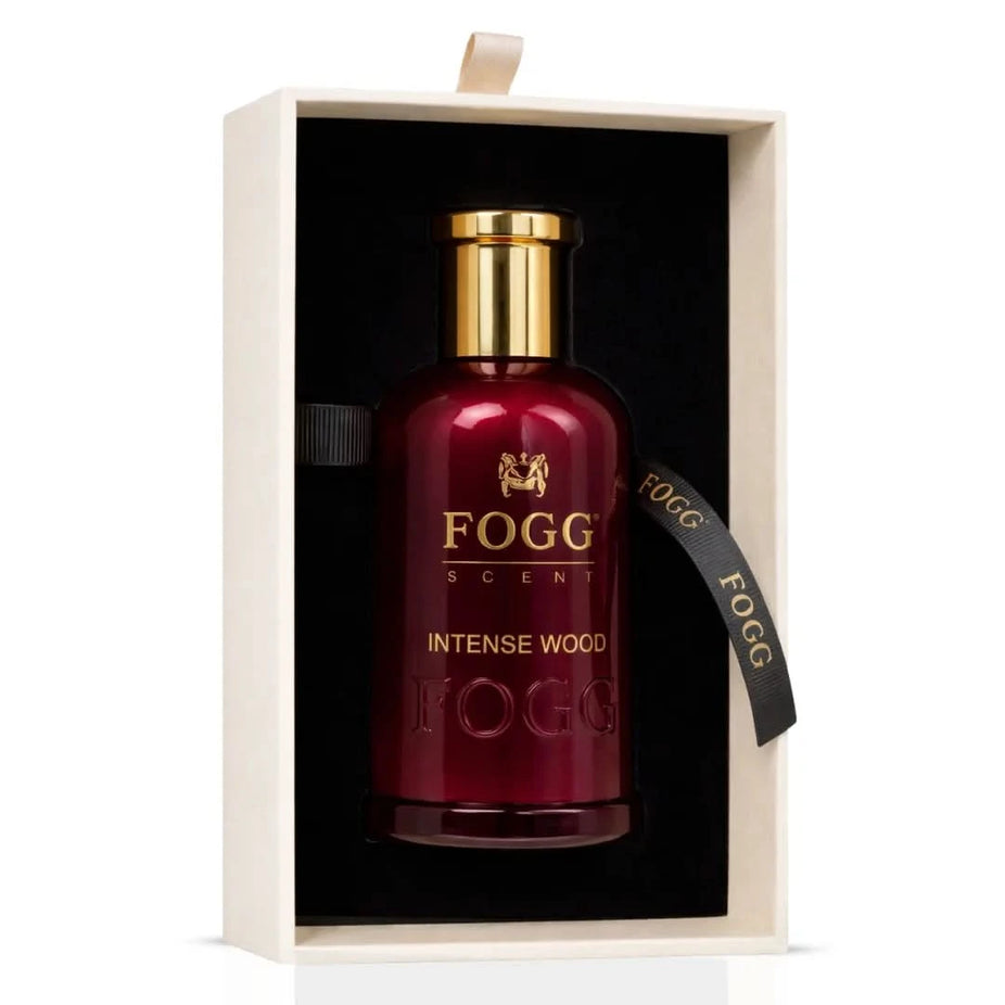 Fogg Intense Wood Eau de Parfum spray for men, 100ml bottle, featuring woody and masculine fragrance notes.