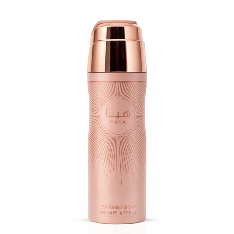 Lattafa Haya Body Spray 200ml deodorant bottle with a sleek design and spray nozzle, showcasing the product's packaging.